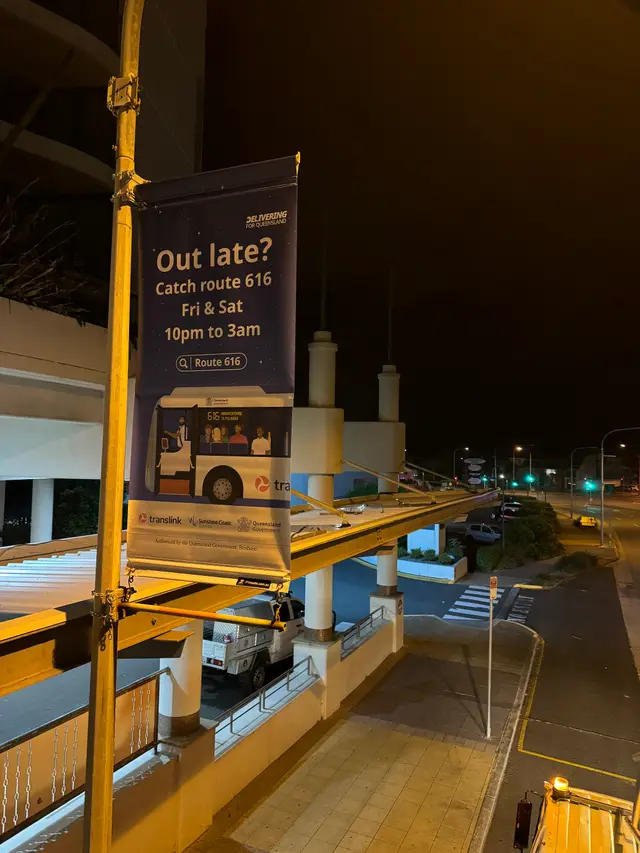 'Out Late' Bus Banners 2026, Mooloolaba - Install for Sunshine Coast Council - Mainline Electrics